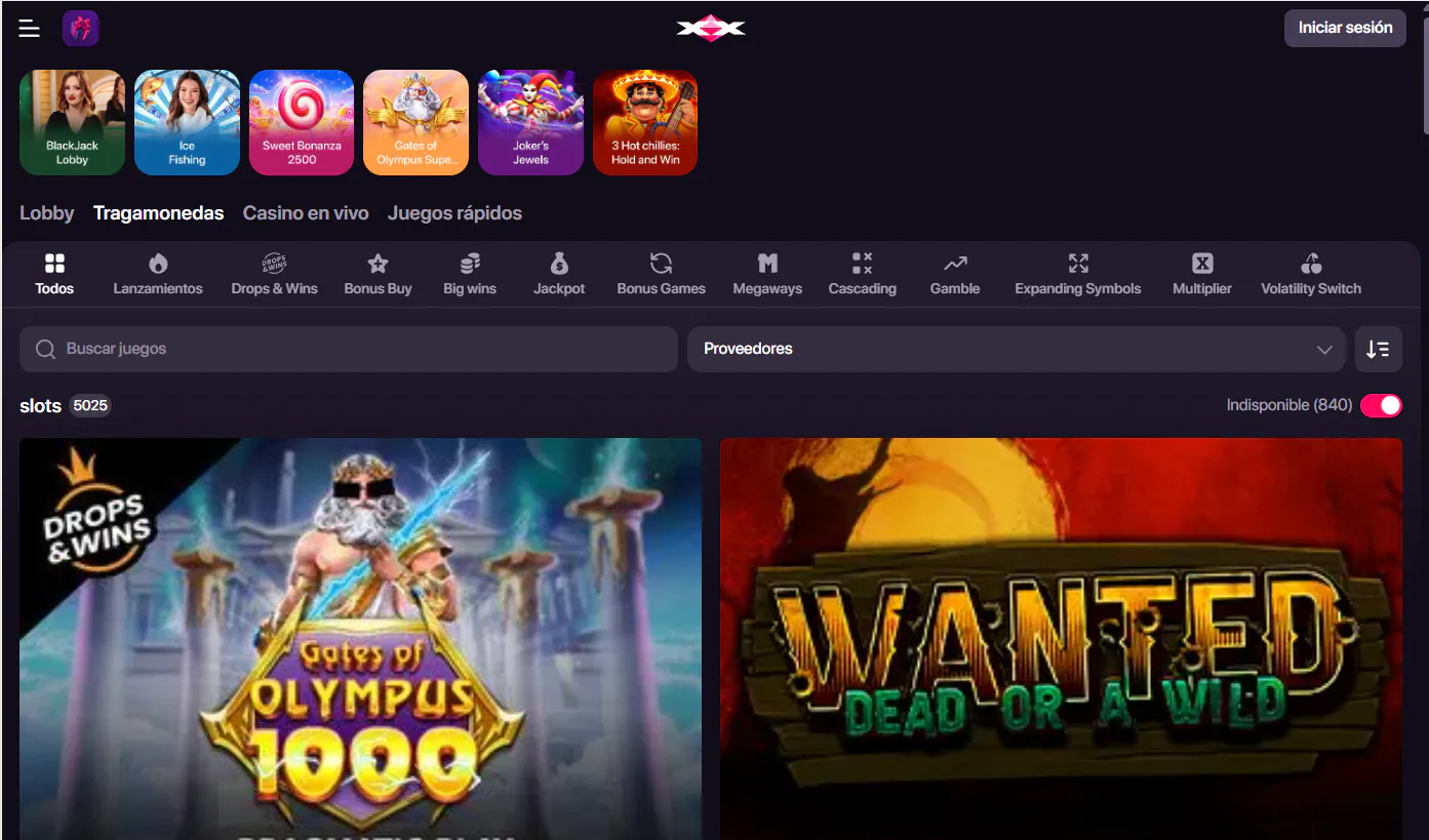 Navegación del casino CHEXX y sus categorías de juegos